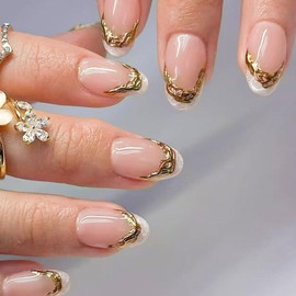 Light Pink French Tip Press on Nails Short Oval False Nails Gold Irregular Lines Design Acrylic Glue on Nails Round Fake Nails Nude Glossy Artificial Stick on Nails for Women 24Pcs