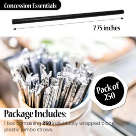 Perfect Stix Black Wrapped Plastic Straws. Cello Wrapped Jumbo 7.75 Inches. Pack of 250 Count.Individually Wrapped in Cello Wrapping.