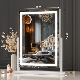 Hasipu Vanity Mirror with Lights, 14" x 18" LED Makeup Mirror, Lightup Mirror with Smart Touch 3 Color Modes and Brightness Adjustment, 10X Magnifying Glass,360° Rotation