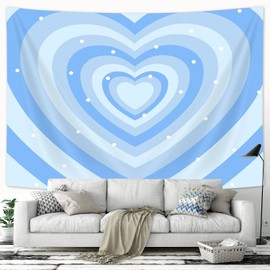 Drgilau Cute Blue Aesthetic Tapestry For Girl Bedroom, Blue Heart Shaped 2000s Hippie Wall Decor Tapestries, Woman Teen Girls Room Art Tapestry for College Dorm Living Room Decor 90X70 Inch