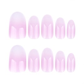 SINHOT Round Press on Nails Medium - Pink White Ombre Oval Nail Art, Pink Gradient DIY Fake Nails with Glossy Glue on Nails, 24Pcs