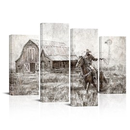 Artmyharbor 4 Panel Western Pictures of Barn Windwill Cowboy Horse in Field Canvas Print Farmhouse Painting Bedroom Home Decor 32"x48"