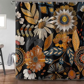 Fowocu Boho Floral Shower Curtain Yellow Abstract Bohemian Flowers Botanical Leaf Bathroom Curtain Vintage Mid Century Modern Waterproof Fabric Shower Curtains for Bathroom Decor 72x72 inch