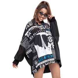 ellazhu Women's Loose Fit Oversized Button-Up Top with Batwing Sleeves High-Low Hem Printed with Newspaper Design GY2749 Black