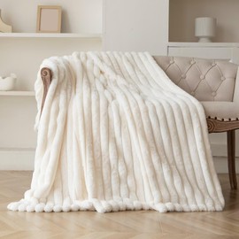 DANSICUINI Cream White Faux Fur Throw Blanket for Couch, Fuzzy Cozy Soft Warm Plush Striped Throw Blanket, Christmas Decorative Fluffy Winter Blanket for Sofa Bed Living Room Home Decor, 60"x80"