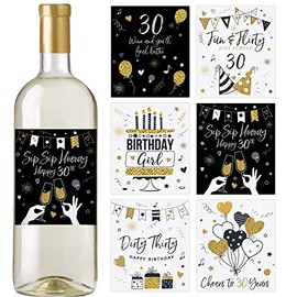 30th Birthday Wine Bottle Labels, Set of 6 Waterproof Labels, 30th Birthday Party Decorations, Ideas and Supplies, Birthday Gifts for Her