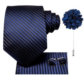 Hi-Tie Men Tie Flower Lapel Pin Set Jacquard Woven Silk Necktie Handkerchief Cufflinks Wedding Party,Navy Stripe