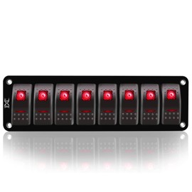 FXC Red 8 Gang Rocker Switch Aluminum Panel Toggle Dash ON/Off Pre-Wired Switches Rocker Switch Panel Waterproof for 12V/24V Automotive Cars Marine Boats RVs Trailers