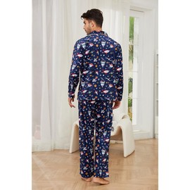 Vulcanodon Mens Pajama Set, Soft Flannel PJS for Men Funny Pajama Set(Spaceship-Navy, L)