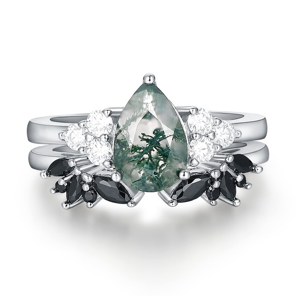 IRROYA 6x9mm Natural Pear Cut Moss Agate Bridal Ring Set,Cluster