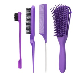 Hair Brush with Hair Styling Comb Set, Detangling Hair Brushes for Women Men Kids Curly Hair, Hair Brush Set with Detangler Brush Teasing Hair Brush Rat Tail Comb Edge Brush (Purple)