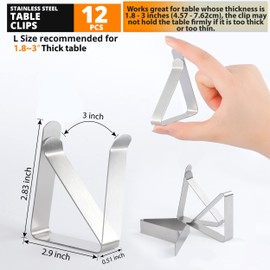 Large Tablecloth Clips [USA Based Brand]- 12 Pack Stainless Steel, Rust Proof Table Cloth Holding Clip - Perfect for Folding, Picnic, Party, and Outdoor Tables-Fits for 1.8~3 Inch Thick Table