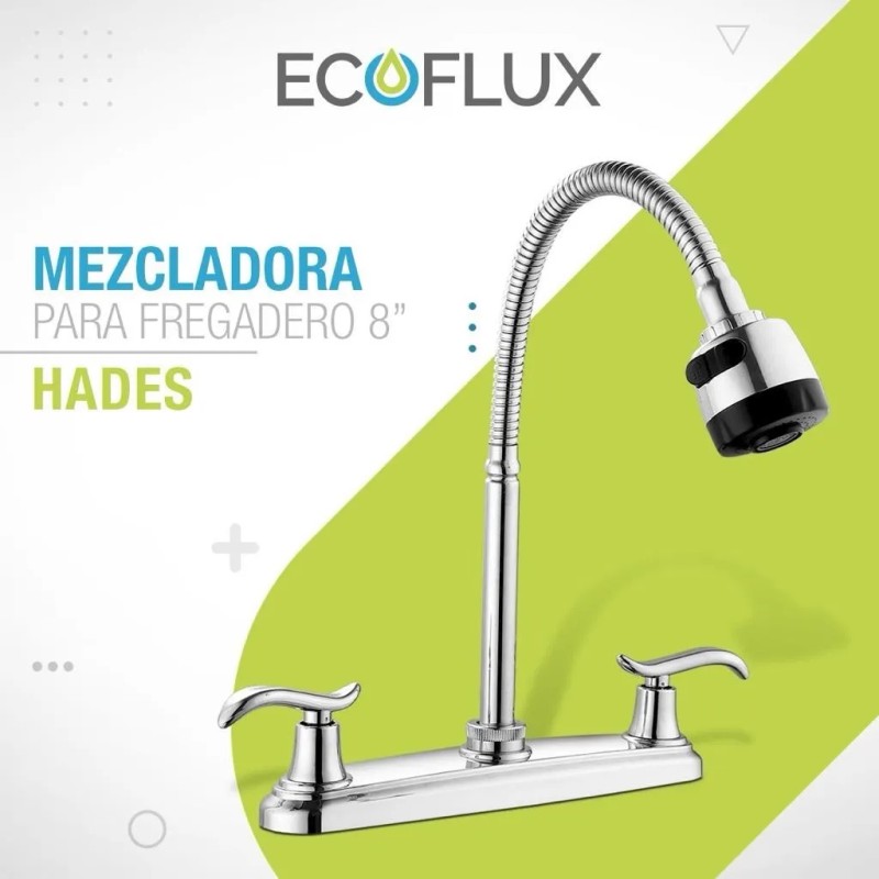 Mezcladora EcoFlux Hades Cuello Flexible 50cm Doble Comando Acabado Cromado