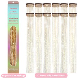 MISSUHUI 12Pcs Hair Tinsel Clip in 23.6Inch Clip in Hair Tinsel Gold Glitter Tinsel Hair Extensions Heat Resistant Tinsel Hair Kit Clip in Sparkling Fairy Hair Accessories for Girls Women Kids (Gold)