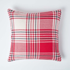Homescapes Scottish Tartan Check Cushion Cover 45x45cm 100% Cotton Throw Pillow Case Cushion Cover with Zipper Closure Red White