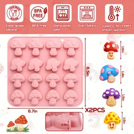 Palksky Mushroom Silicone Molds, 16 Cavity 2 Pack Mushroom Chocolate Mold, Gummy Candy Molds for Gummies Cookies Snacks Fondant Candy Cupcake Decor