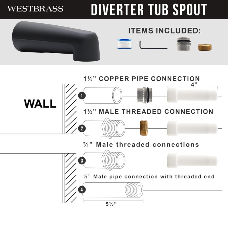 Westbrass E507US-62 Universal Fit 7" Wall Mount Tub Spout, Zinc,