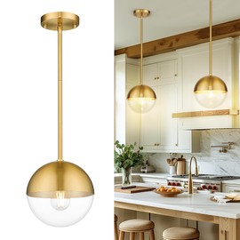 LMS Mid Century Pendant Light Fixtures, Brushed Gold Farmhouse Pendant Light with Clear Globe Glass Shade, Adjustable Hanging Rod Ceiling Light for Dining Room Bathroom Kitchen Island, LMS-186BGC