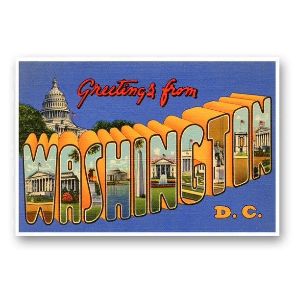 GREETINGS FROM WASHINGTON, DC vintage reprint postcard set of 20 identical postcards. Large letter Washington, D.C. city name post card pack (ca. 1930's-1940's). Made in USA.
