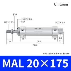 HNJPC MAL Mini Cylinder 20mm Bore 175mm 7 inch Stoke Aluminum Alloy Round Small Double Acting air Cylinder MAL20x175