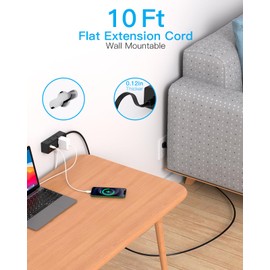 10FT Extension Cord with Multiple Outlets, Flat Plug Power Bar Surge Protector with 10 Ft Long Cord, 6 Outlet 3 USB Ports (1 USB C), Multi Outlet Wall Plug for College, Dorm Room Essentials(Black)