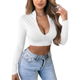 Artfish Women's Long Sleeve Quarter Zip Crop Tops Fleece Lined V Neck Fitted Sexy Cropped Shirts (01#White, S)