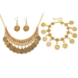 PPX Set of 4 Vintage Metallic Coin Earring Bracelet and Necklace Set Boho Style Bib Front