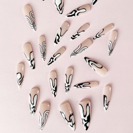 Press on Nails Almond Medium Fake Nails Black White French Tip Nails with Line Swirls Design Artificial Acrylic Nails Glossy Nails Set Glue on Nails Full Cover Reusable Stick on Nails for Women and Girls 24Pcs