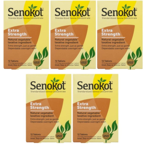 Senokot Natural Vegetable Laxative Ingredient, Extra Strength Tablets, 12 Tablets (Pack of 5)