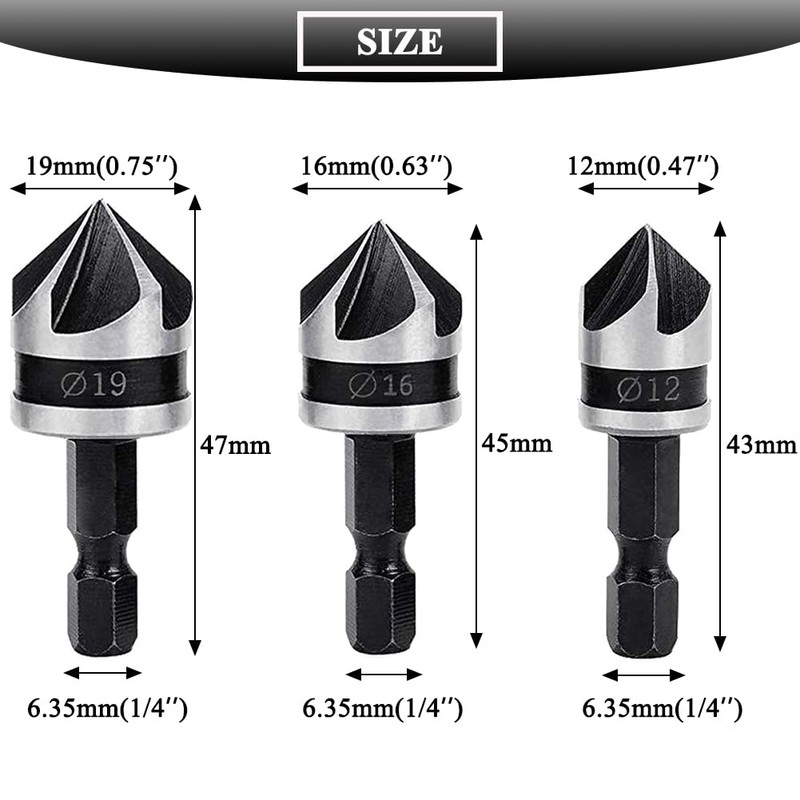 Teocpai 3Pcs Countersink Drill Bits 5 Flute 90 Degree Chamfering