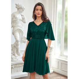 GRACE KARIN Women's Elegant Cocktail Dress V-Neck Lace Dress Chiffon Knee-Length A-Line Evening Dress Party, dark green
