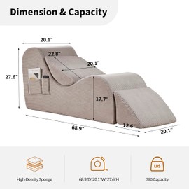 Yoga Chairs for Adults, Ergonomic Chaise Lounge Chair Indoor with Side Pocket, Lumbar Pillow, Ottoman, Yoga Chair Perfect for Stretching, Relaxation, Exercise, Used in Bedroom, Living Room (Grey)