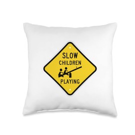 Slow Children Sign Shop Slow Children Playing Street Sign Teeter Totter Humor Funny Throw Pillow, 16x16, Multicolor