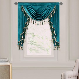 VOGOL Velvet Waterfall Valance with Tassels, Elegant Green Rod Pocket Curtains Drapery for Small Windows, Living Room, 39 in Wide, 1 Panel