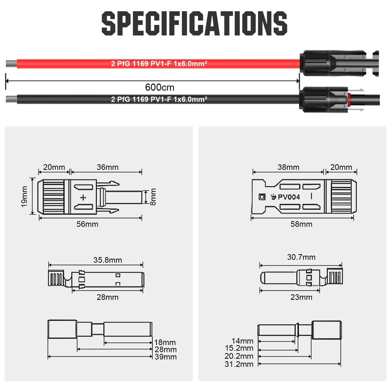 ECO-WORTHY 20FT 10AWG Solar Extension Cable 30A/1000V DC, IP67 Waterproof