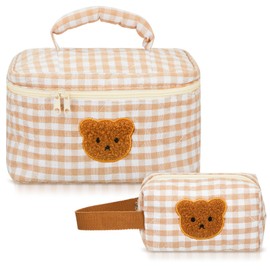 Zeyune 2 Pcs Cotton Quilted Makeup Bag, Large Travel Coquette Cosmetic Bag, Aesthetic Cute Floral Cherry Peony Toiletry Organizer skincare Bag for Women Girls(Cute Bear Style), brown