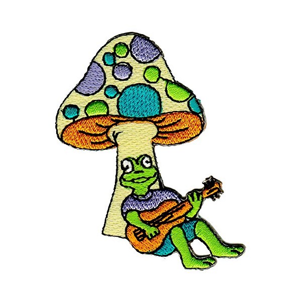 Mushroom Frog with Guitar Patch for Iron-On or Sew-On Clothes