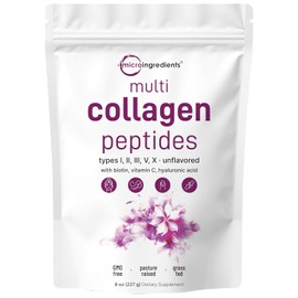 Micro Ingredients Multi Collagen Peptides Powder, 8oz – Hydrolyzed Type I,II,III,V,X with Biotin, Hyaluronic Acid, Vitamin C – Unflavored Collagen for Women & Men, Easy Dissolve, 20 Servings