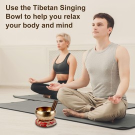 Tibetan Singing Bowl Set, Brass Meditation Singing Bowl, 8.6 cm Diameter, Comes with Wooden Singing Bowl Base, 2 Brass Bells and a Storage Bag, for Yoga, Meditation