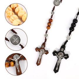 Catholic Cross Rosary Necklace, Natural Wood Prayer Chain with Medal, Cross Jesus Christ Saint Benedict, for Catholic Christians, Religious Communion, Baptism, Fair, Bible, Wood, Beads: