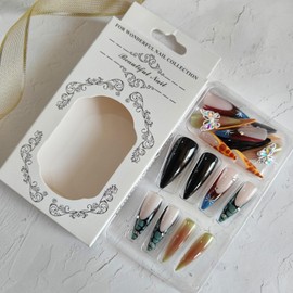 French Tip Press on Nails Long Stiletto Fake Nails with Leopard Rhinestones Design 3D Butterfly Animal Print False Nails Black Full Cover Glue on Nails Glossy Stick on Nails for Women 24Pcs