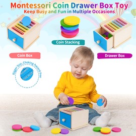 FCSONU Toddlers Montessori Coin Box Toys for 1 2 3 Year Old Boys Girls, Drawer Box Toy for Ages 2-4 Kids, Learning Color Sorting Sensory Toys, New Year Birthday for Baby 12-18 Months