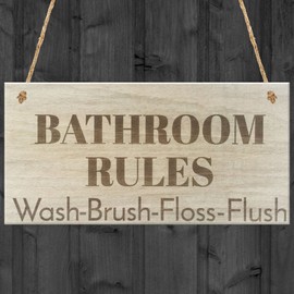 RED OCEAN Bathroom Rules Novelty Wooden Hanging Plaque Shabby Chic Toilet Door Wall Sign