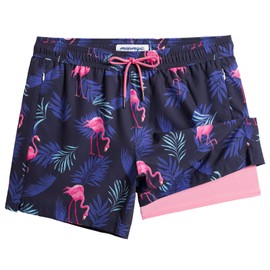 MaaMgic Mens Swim Trunks with Compression Liner 2 in 1 Swimming Shorts Stretch 5.5" Quick Dry Bathing Suits,Flamingo Leaves,XX-Large