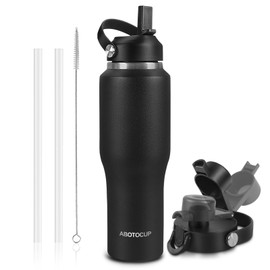 ABOTOCUP 32oz Black Water Bottle Stainless Steel, Keep Cold 24H&Hot 12H, Water Bottle with Straw&Spout Lids, Insulated Water Bottle Double Wall Vacuum, Fit in Any Car Cup Holder, Leak-proof BPA Free