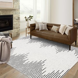 GarveeHome Area Rug Washable Rugs for Living Room Modern Minimalistic Striped Area Rug for Bedroom Contemporary Distressed Geometric Office Carpet Low Pile Neutral Soft Nursery Rug 5'x7' Off White