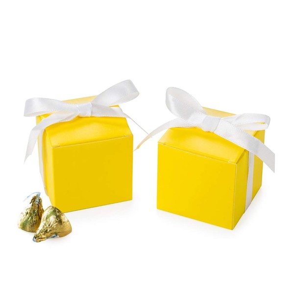 AWELL Yellow Gift Candy Box Bulk 2x2x2 inches with White Ribbon Party Favor Box,Pack of 50