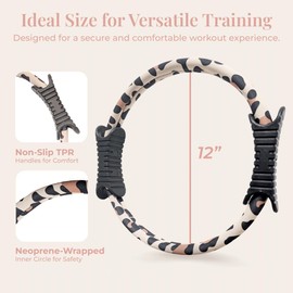 Activery Co. 12” Pilates Fitness Ring for Women – Non-Slip Magic Circle with Dual-Sided TPR Handles, Neoprene-Wrapped, Compact & Travel-Friendly Tool with Exercise Guide - Leopard Print