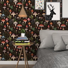 XRUIBZI Black Mushroom Wallpaper Peel and Stick Wallpaper Black Wallpapers Stick and Peel Black Contact Paper for Cabinets Waterproof Self Adhesive Wall Paper for Kitchen Countertop Wall 17.5" x 393"