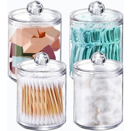 Swab Holder Canisters with Lid, Bathroom Qtip Dispenser Apothecary Jars, Clear Plastic Cotton Ball Pad Container for Cotton Swabs, Q-Tips, Make Up Pads, Cosmetics - Color: 4S